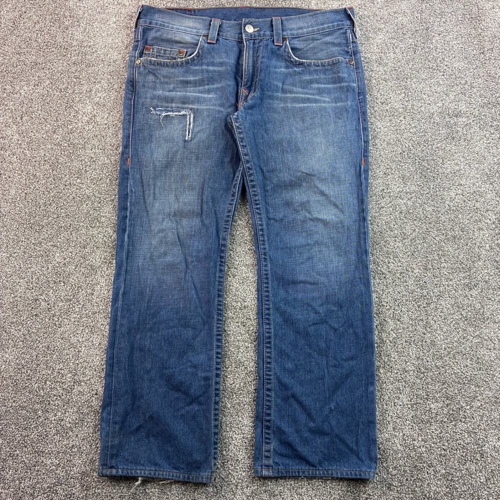 Vintage True Religion Bobby Jeans Mens 36x30 Blue Cotton Distressed Straight Leg